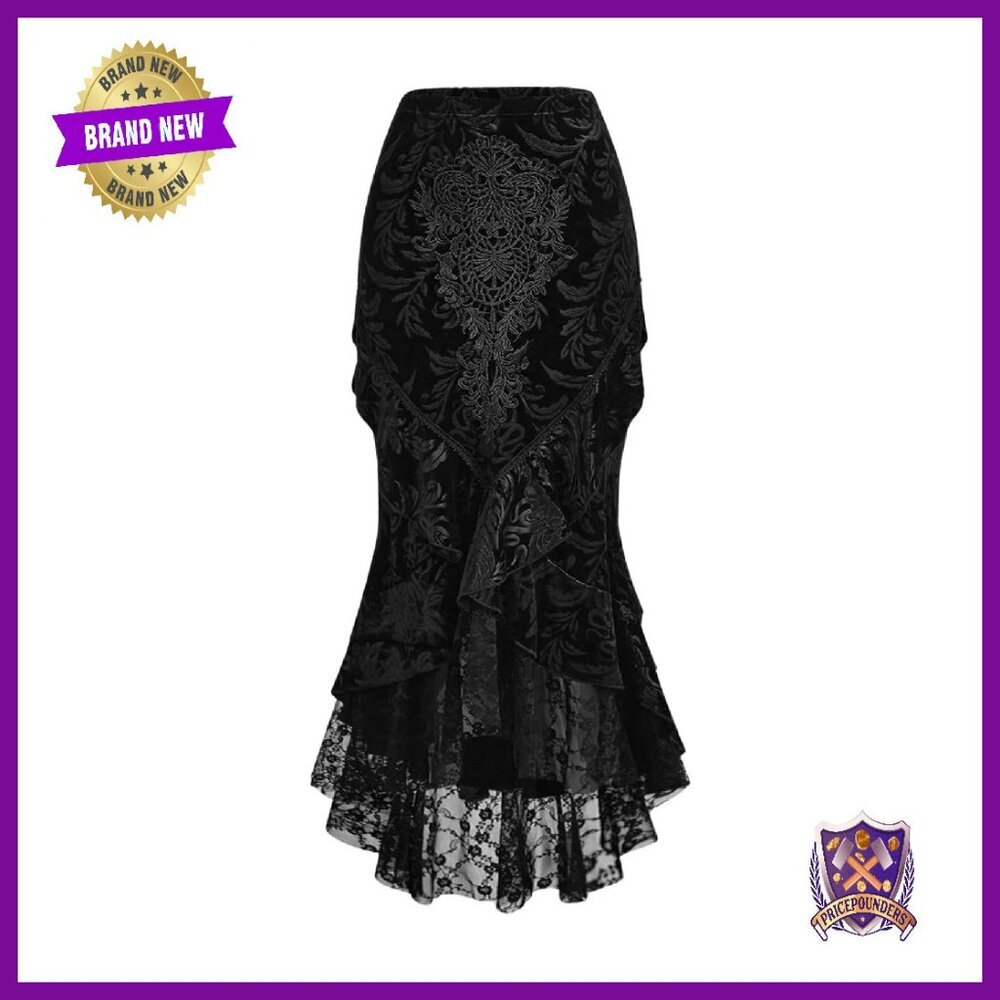 Gothic Lace Fishtail Skirt Ruffle Hem Elastic Waist Bodycon Long